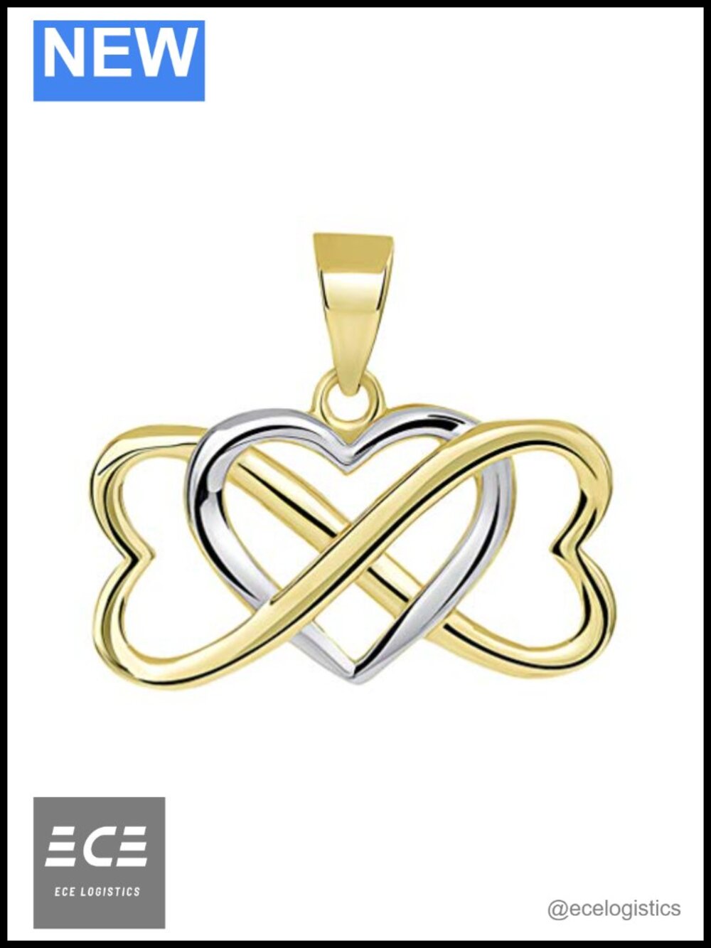 14k Yellow Gold Two Tone Interlocking Triple Heart Infinity Pendant